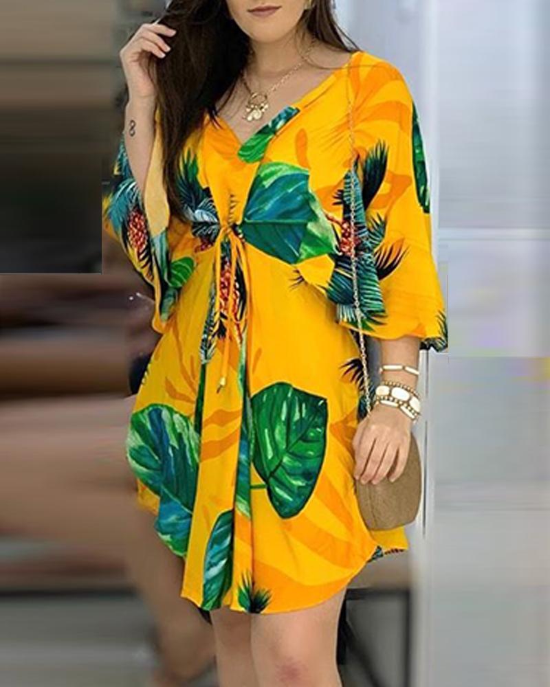 

Tropical Print Tie Waist Mini Dress, Multicolor