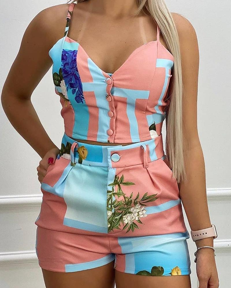 

Spaghetti Strap Colorblock Print Top & Short Set, Multicolor