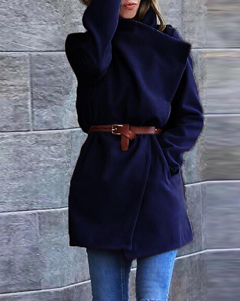

Solid FelledSeam Belted Wrap Coat, Dark blue