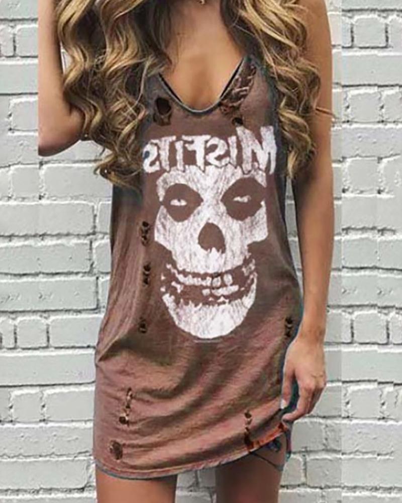 

Skull Letter Print Hollow Out Dress, Brown