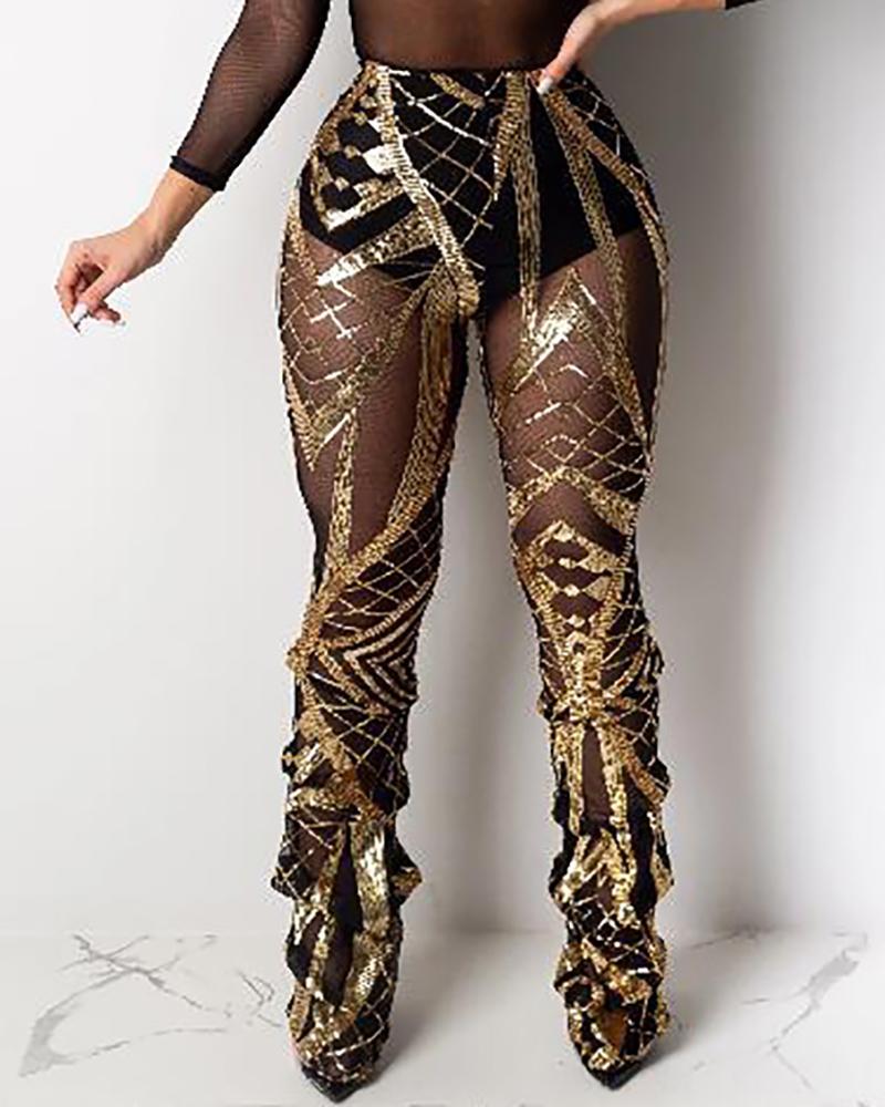 

Hollow Out Mesh Sequin Pants, Gold