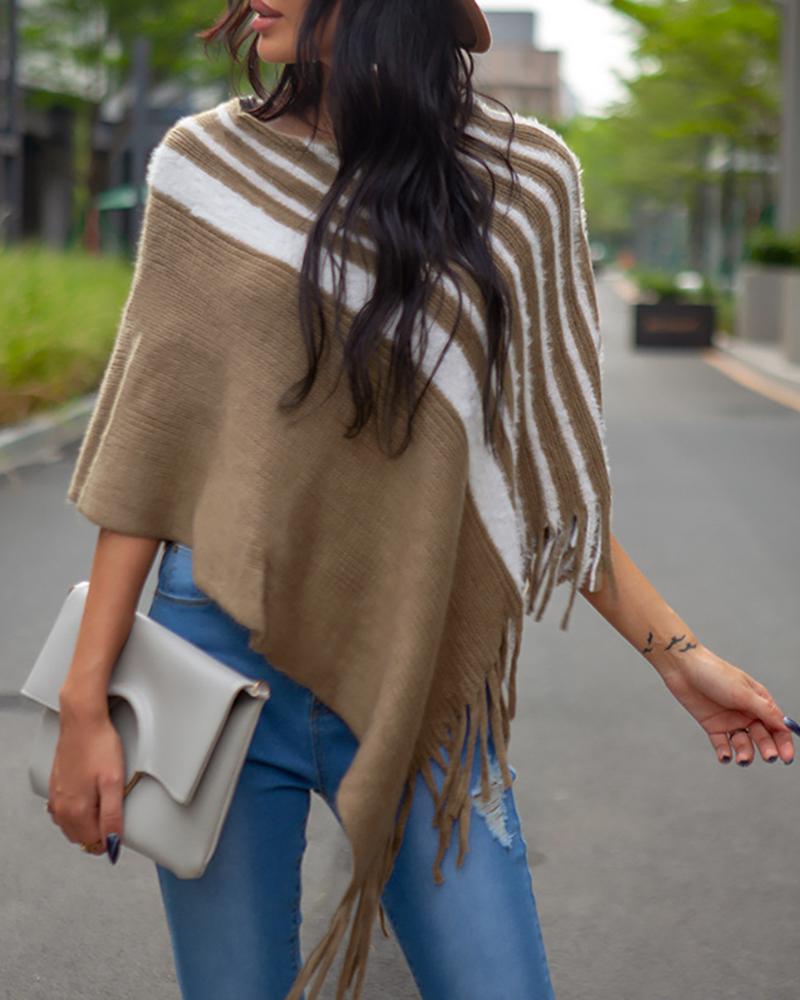 

Colorblock Tassel Design Cape Sweater, Khaki