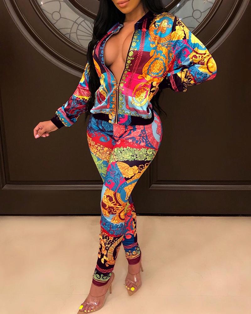 

Retro Print Zipper Design Jacket & Pants Sets, Multicolor