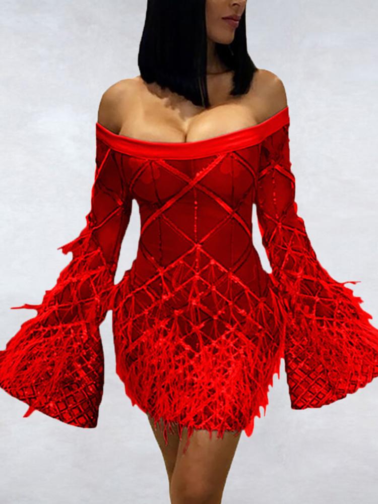 

Off Shoulder Feather Detail Party Dress, Red