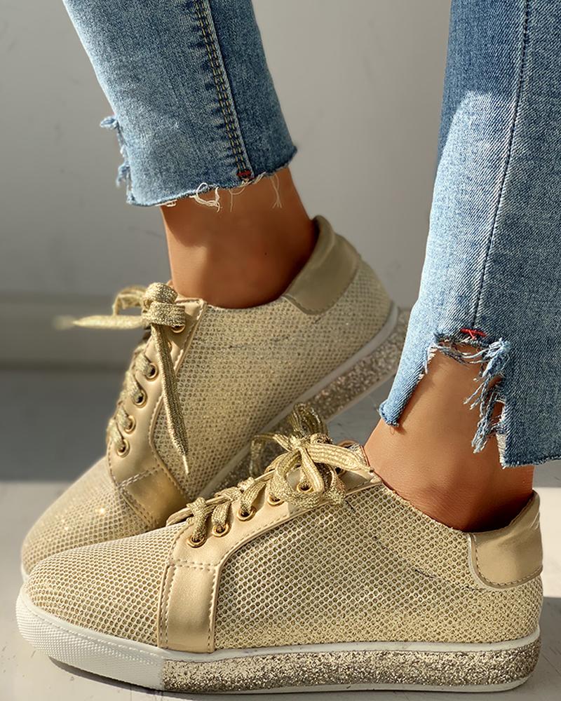 

Glitter Eyelet Lace-up Flat Sneakers, Gold