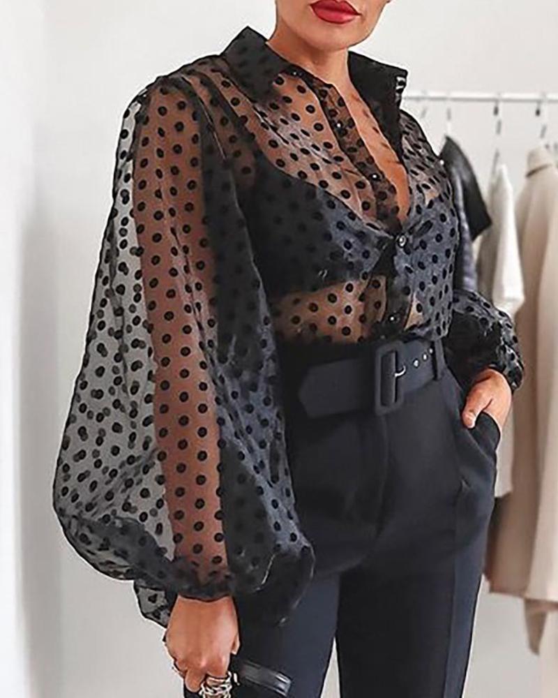 

Mesh Polka Dot Puff Sleeve Top, Black