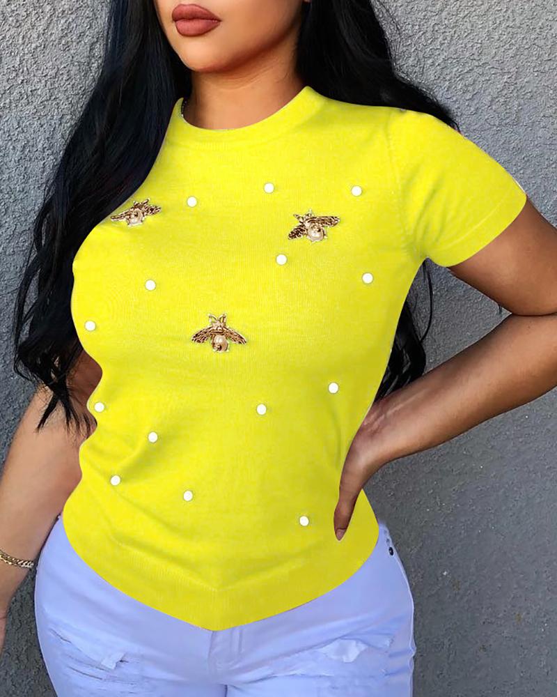 

Beaded Detail Short Sleeve T-Shirt, Yellow