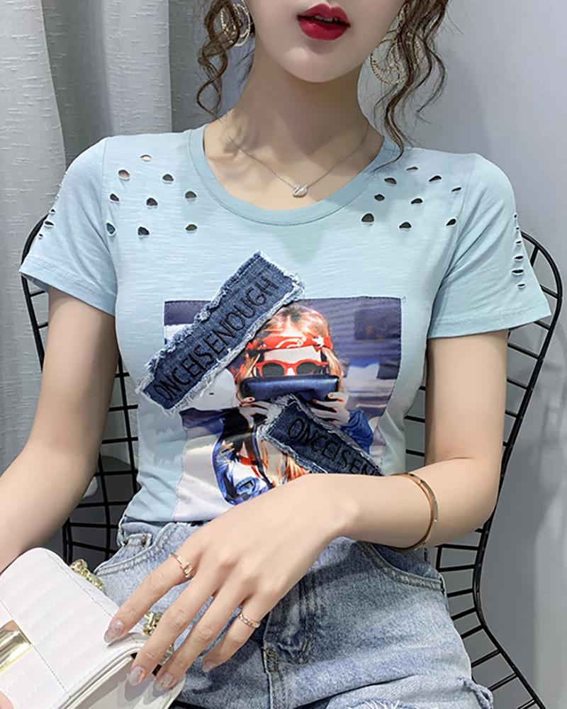 

Hollow Out Round Neck Short Sleeve T-shirt, Blue