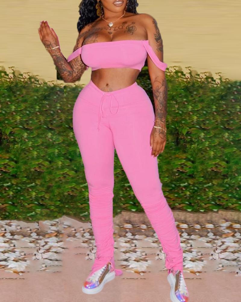

Solid Thick Strap Casual Top & Drawstring Pants, Pink