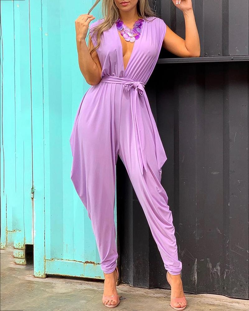 

Solid Plunge Ruched Design Jumpsuit