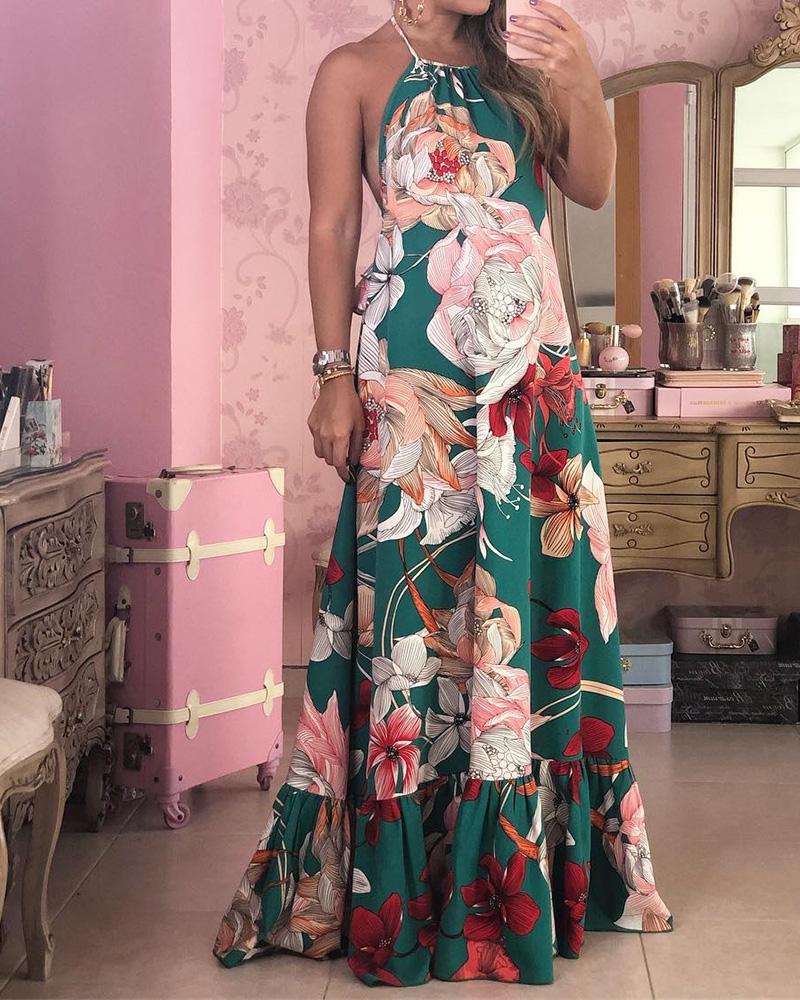 

Floral Print Backless Ruffles Halter Maxi Dress