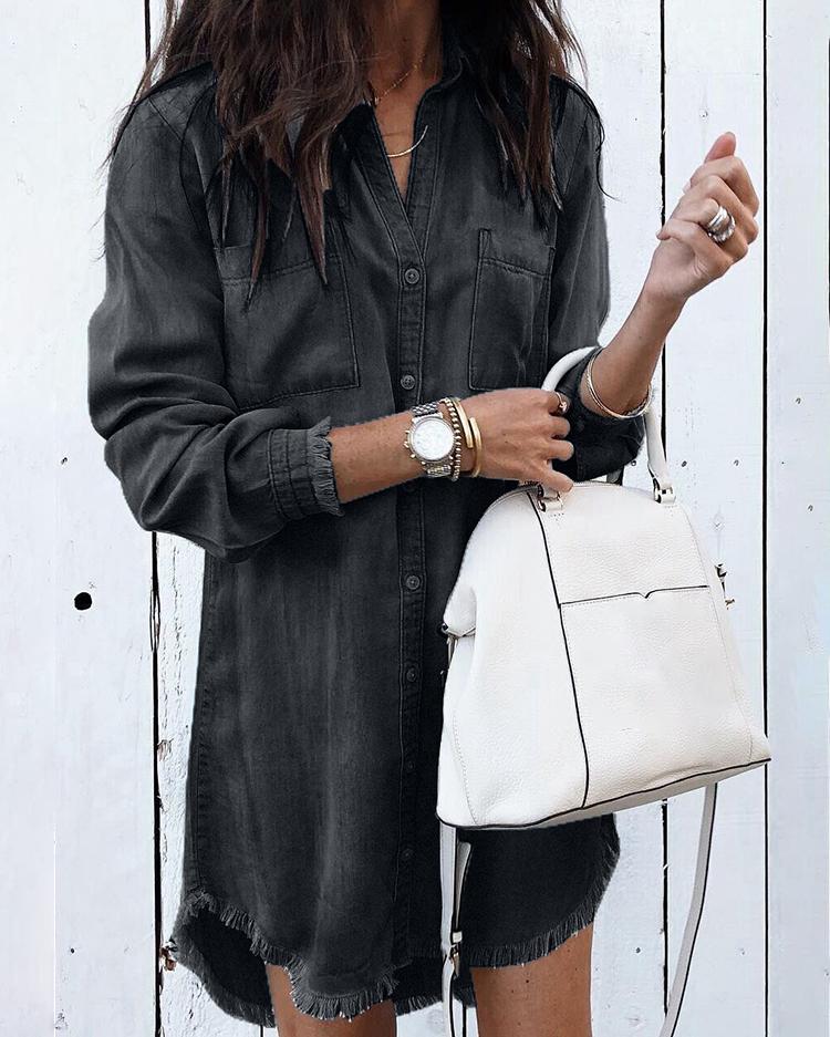 

Denim Frayed Hem Long Sleeve Shirt Dress, Black