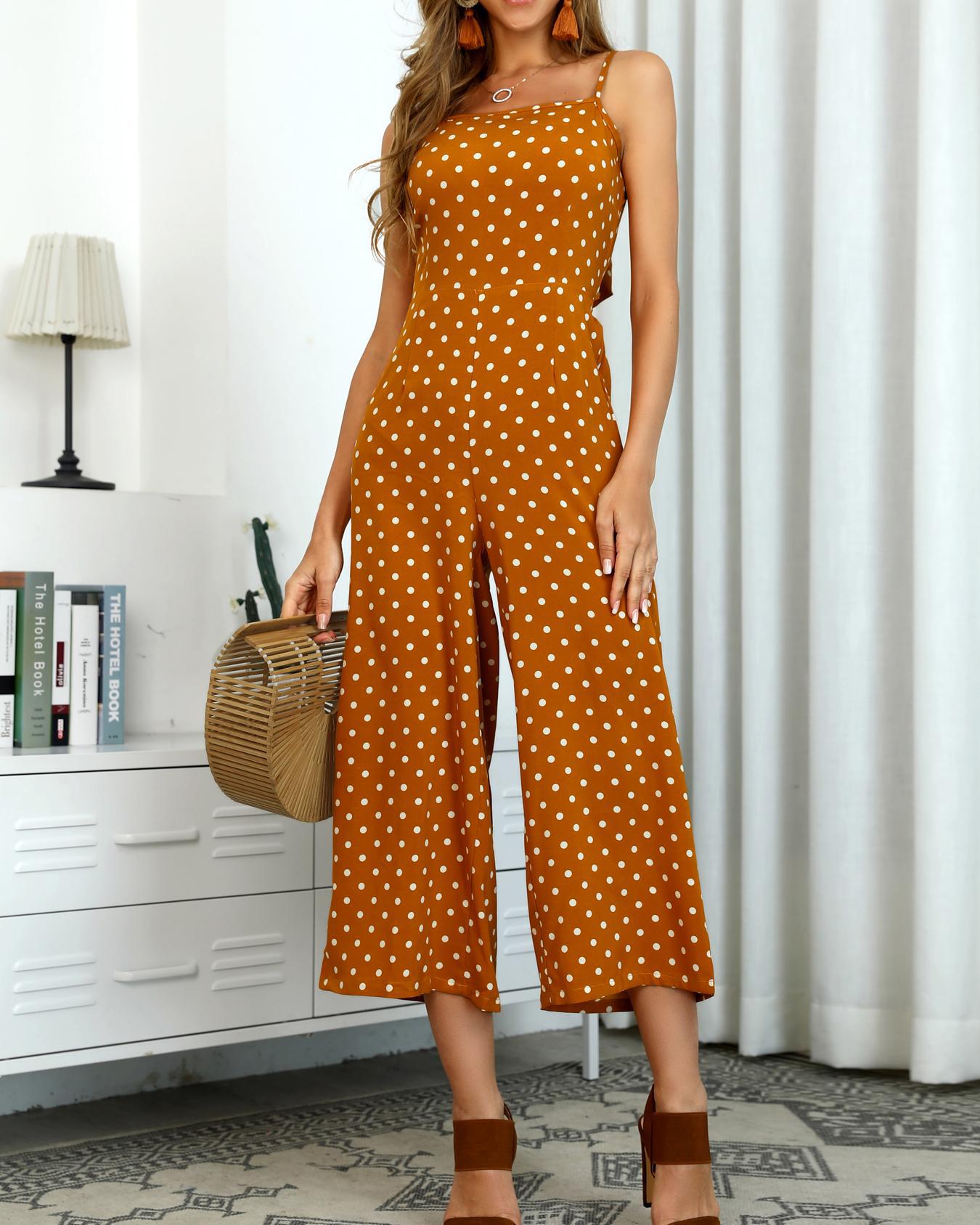 

Knot Open Back Dots Print Jumpsuit, Yellow
