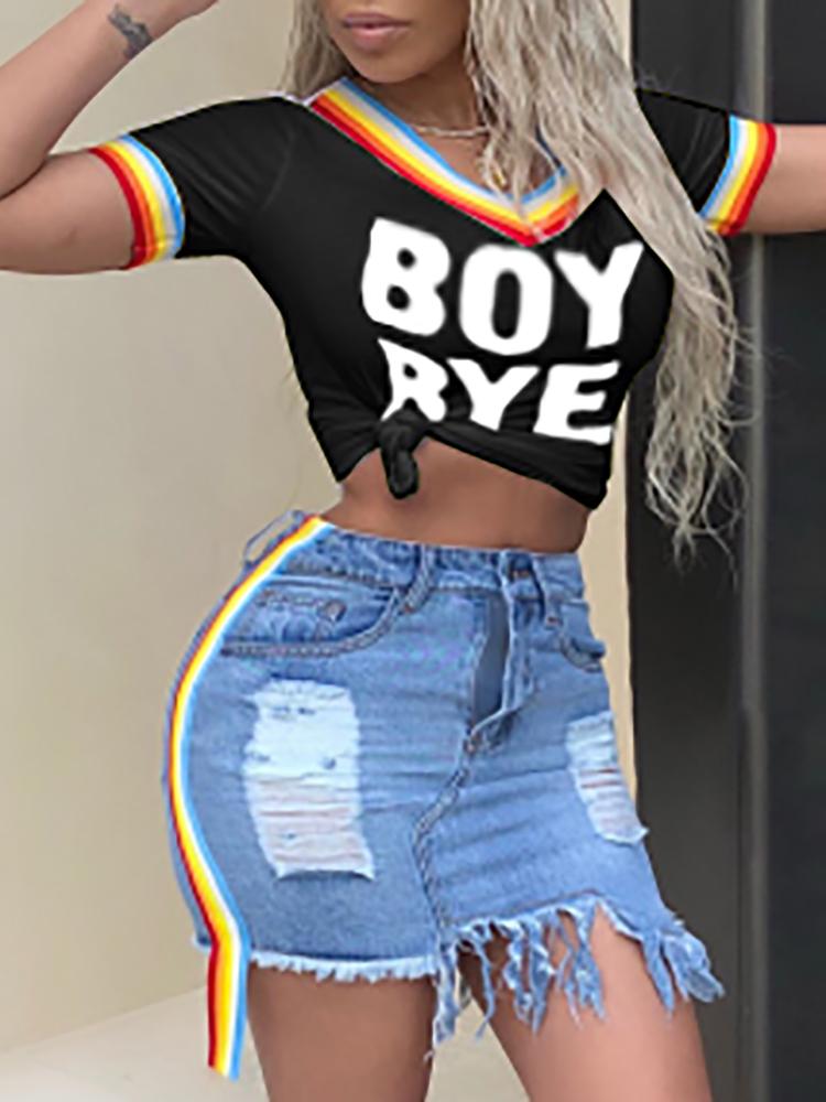 

Letter Print Striped Tape Crop Tee