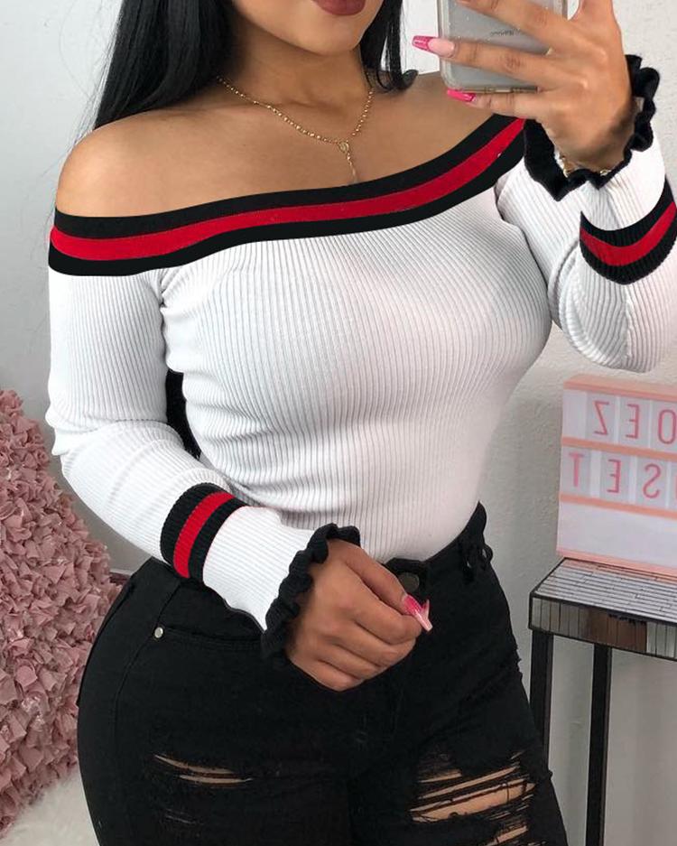 

Stripes Tape Binding Off Shoulder Long Sleeve Top