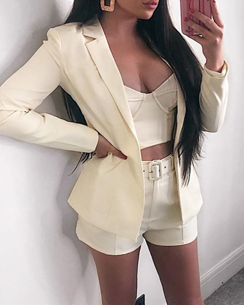 

Solid Notched Collar Long Sleeve Blazer & Shorts Sets, White
