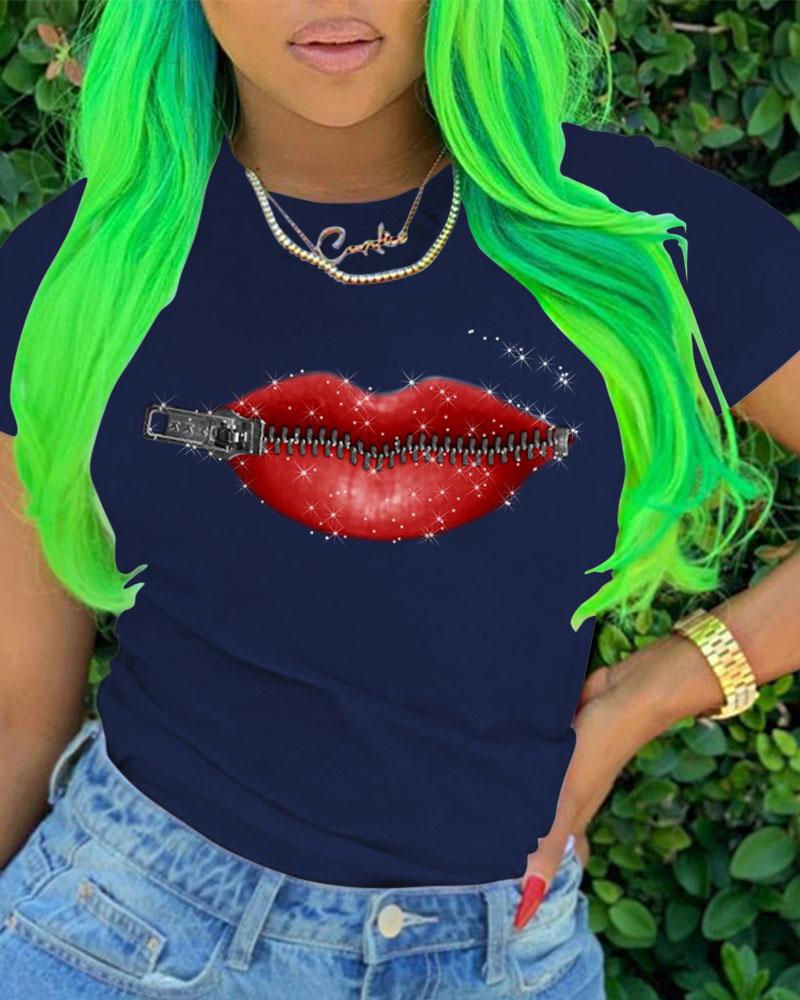 

Lip Zipper Print Short Sleeve Casual T-shirt, Dark blue