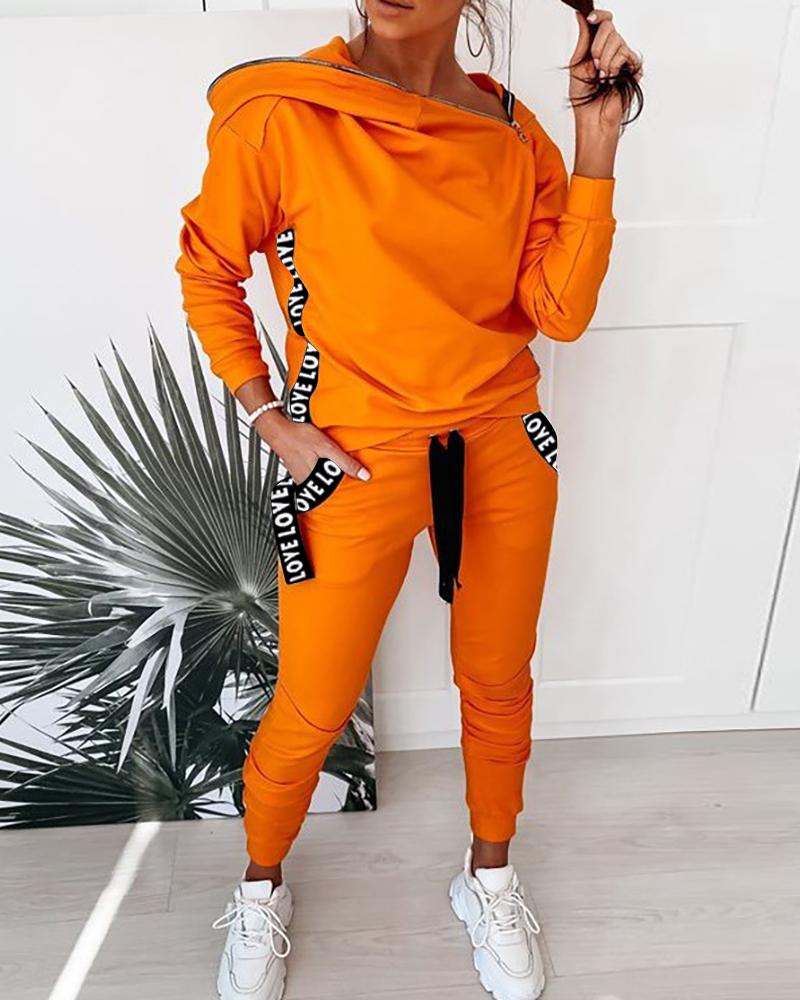 

Zipper Design Letter Print Hooded Top & Drawstring Pants Set, Orange