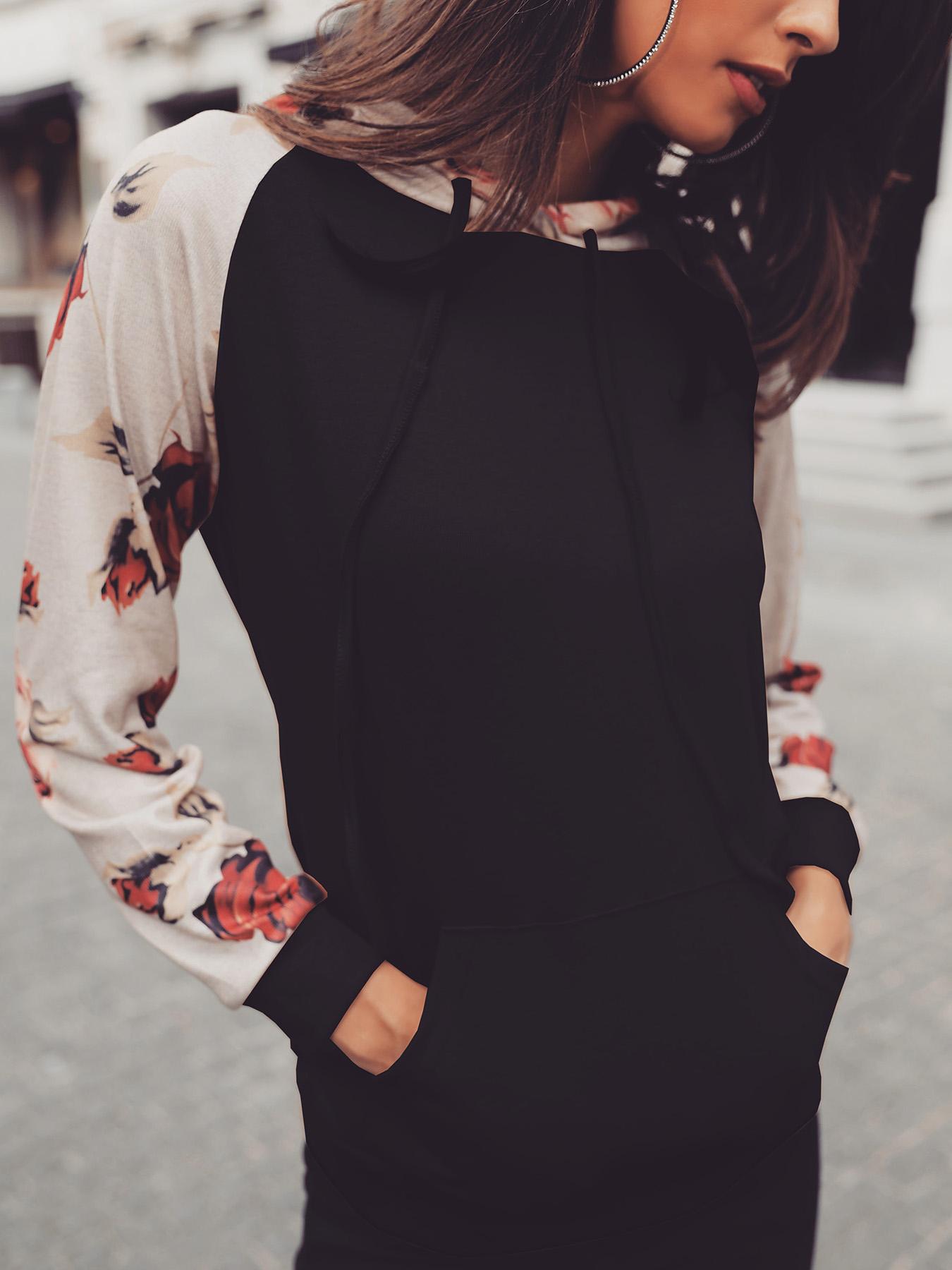

Floral Print Hooded Casual Sweatshirt, Black