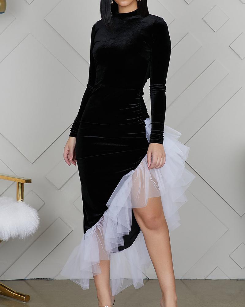 

Asymmetric Backless Mesh Trim Dress, Black