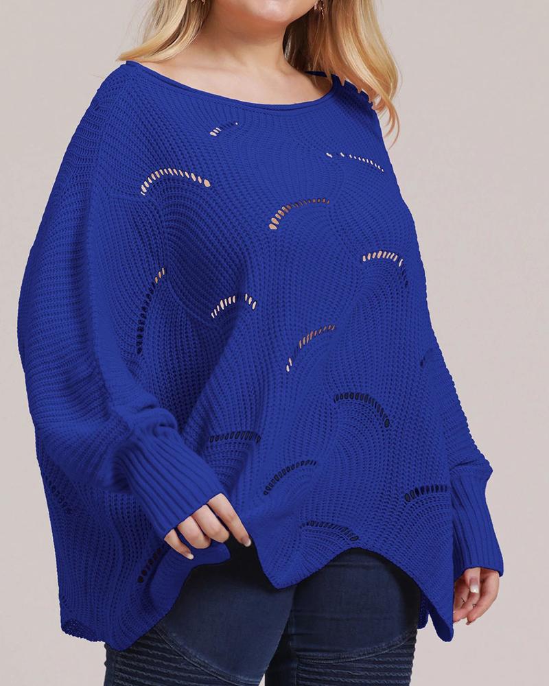 

Plus Size Plain Batwing Sleeve Hollow-out Sweater, Blue
