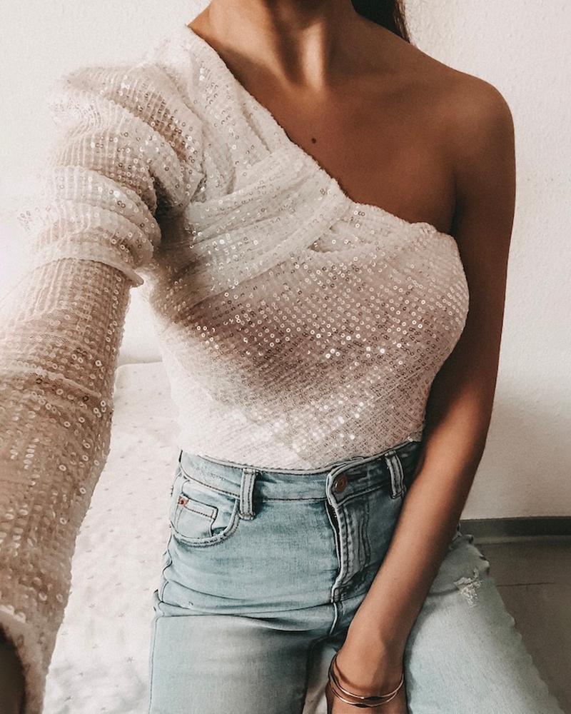 

Glitter One Shoulder Ruched Sequins Blouse, White