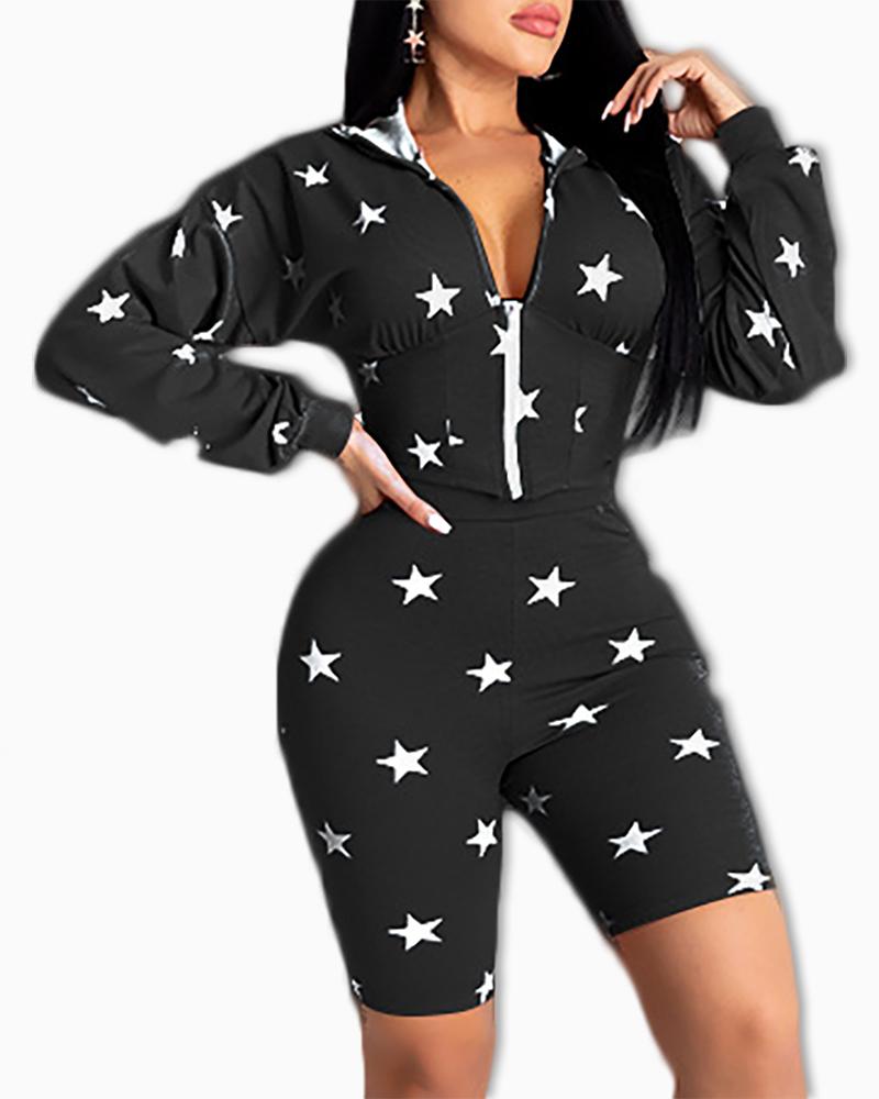 

Star Print Hooded Zipper Detail Romper, Black