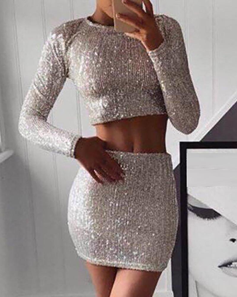 

Sequin Long Sleeve Top & Skirt Sets, Silver