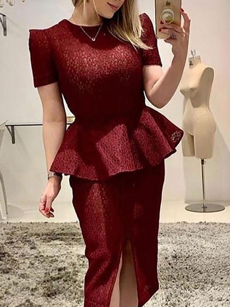 

Short Sleeve Peplum Slit Lace Dress, Dark red