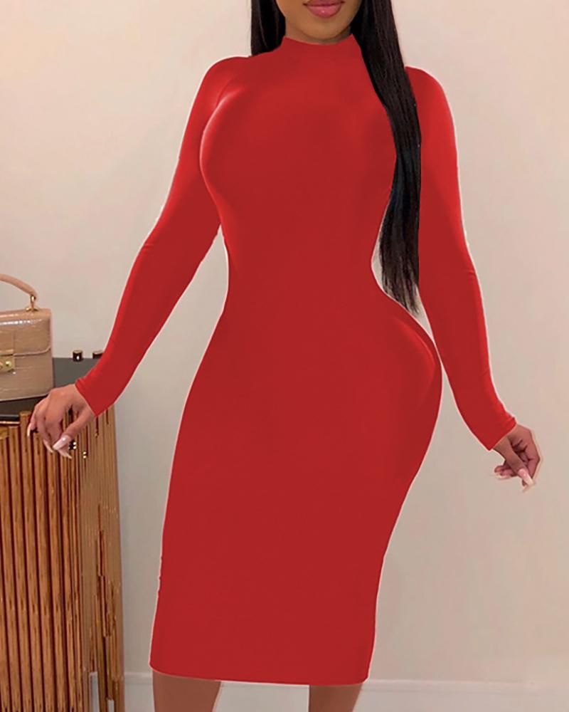 

Solid Backless Long Sleeve Midi Dress, Red