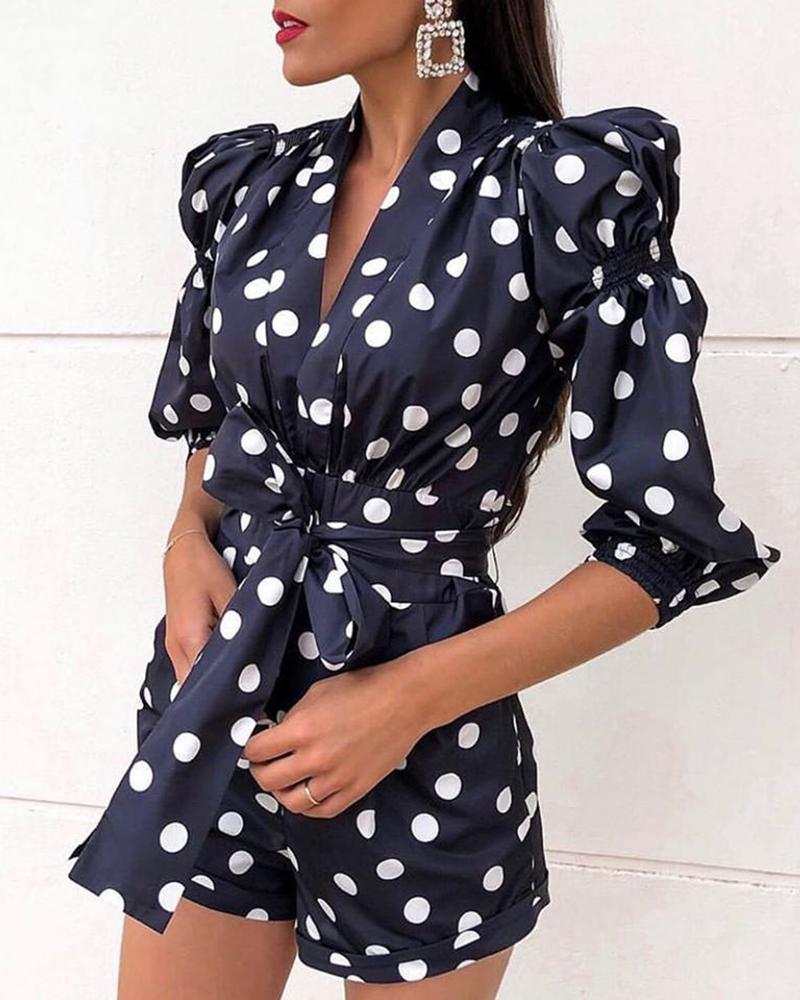 

Puffed Sleeve Dot Print Knotted Romper, Dark blue