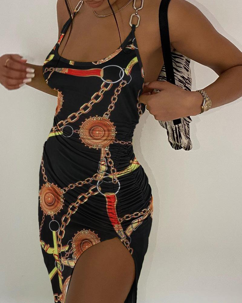 

Print Halter Chain Strap Backless Dress, Black