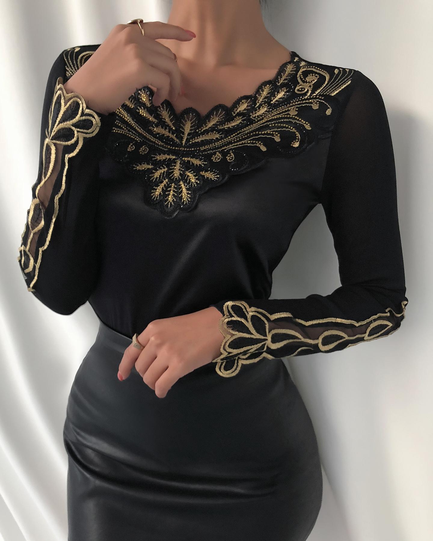 

Embroidery Sheer Mesh Top, Black