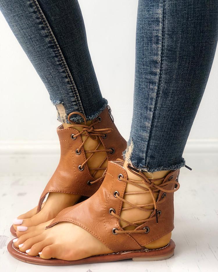 

Lace-up Cutout Toe Post Flat Gladiator Sandals, Brown