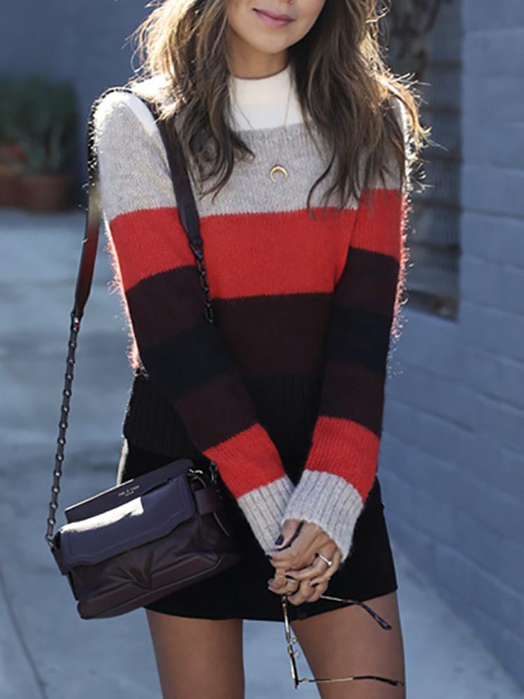 

Rainbow Striped Pullover Casual Sweater, Red