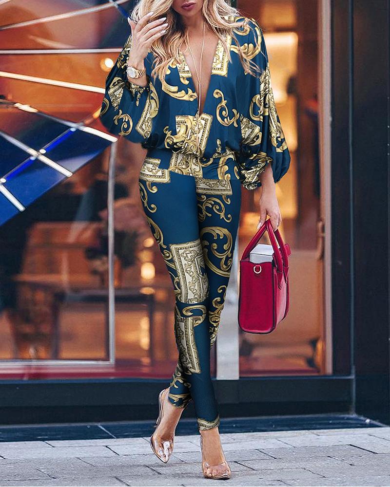 

Print Lantern Sleeve Deep V Jumpsuit