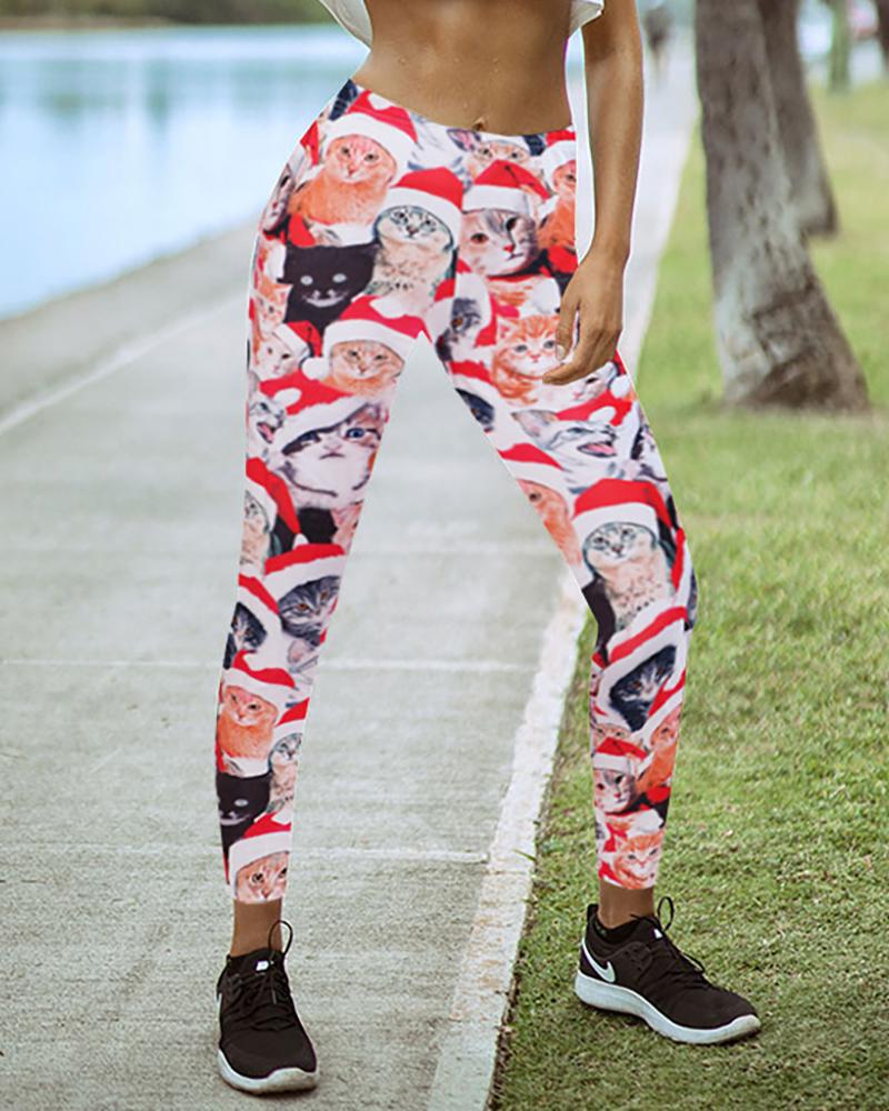 

Christmas Mixed Print High Waist Skinny Pants, White