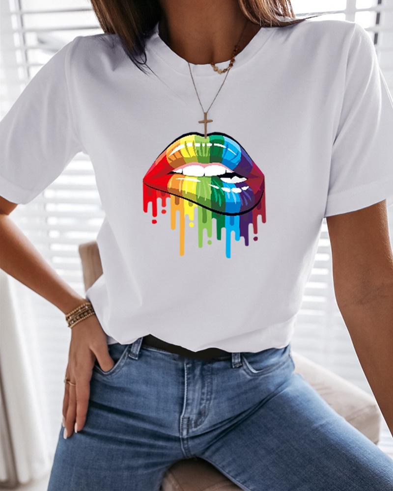 

Short Sleeve Lip Print Casual T-Shirt, White