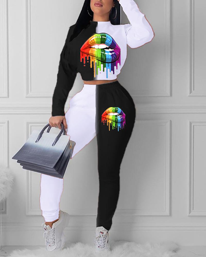 

Lip Print Colorblock Top & Pants Set, White