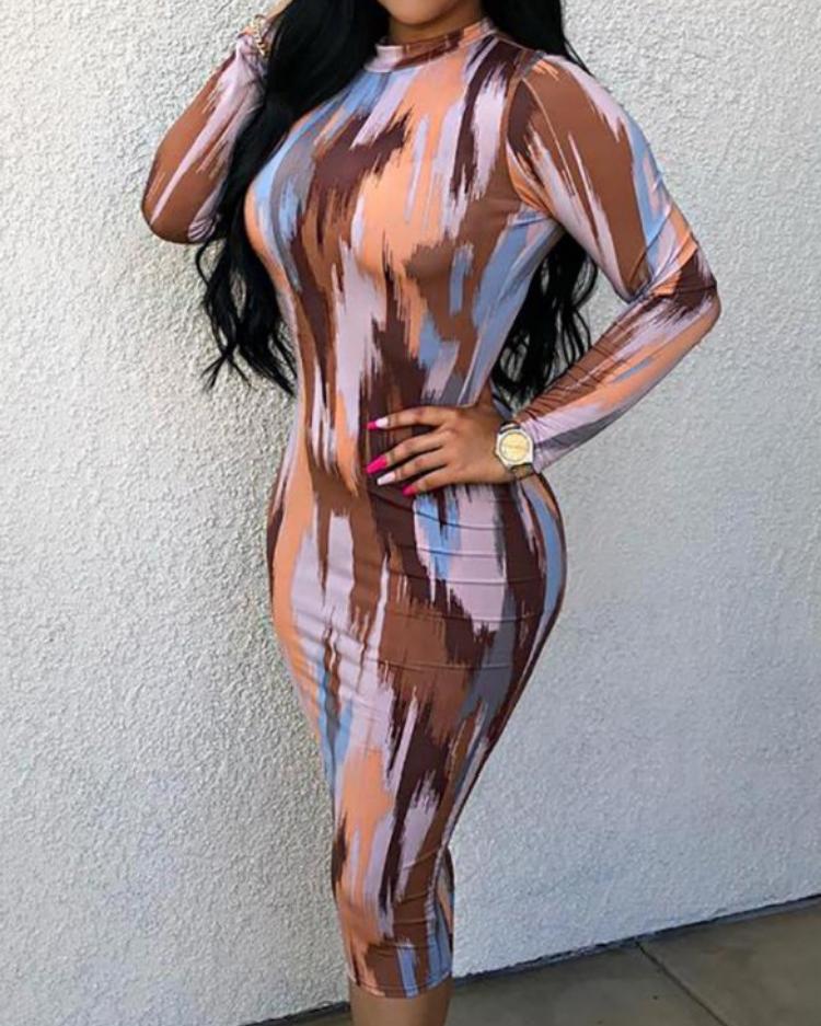 

Colorful Dye Print Long Sleeve Bodycon Dress, Multicolor