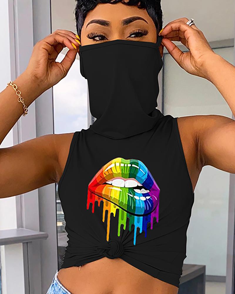 

Lip Print Tank Top With Ear Loop Bandana, Black