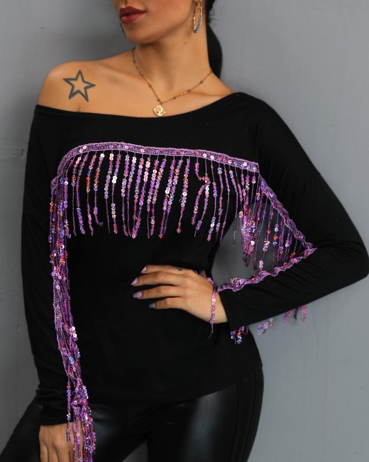 

Sequin Tassel Design Casual Top, Black
