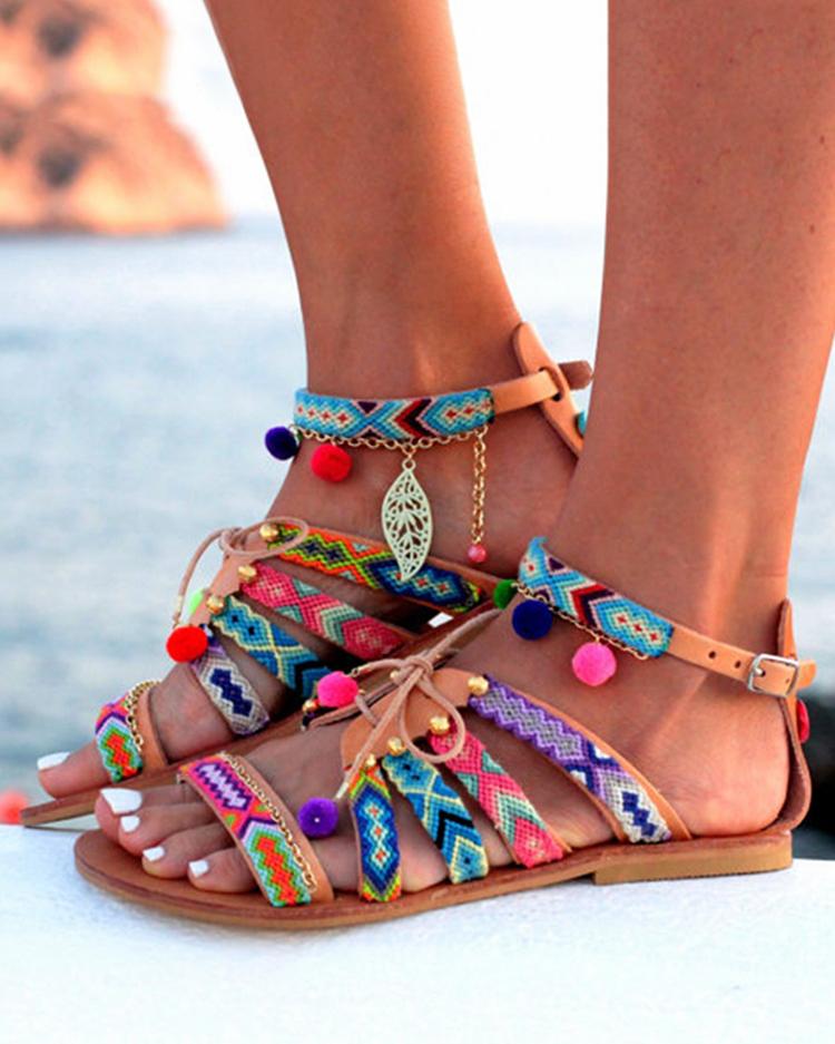 

Ethnic Style Pom Pom Lace-up Flat Sandals, Multicolor