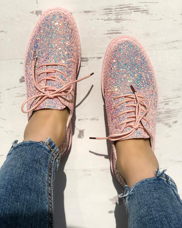 

Glittering Sequined Round Toe Lace-up Sneakers, Pink