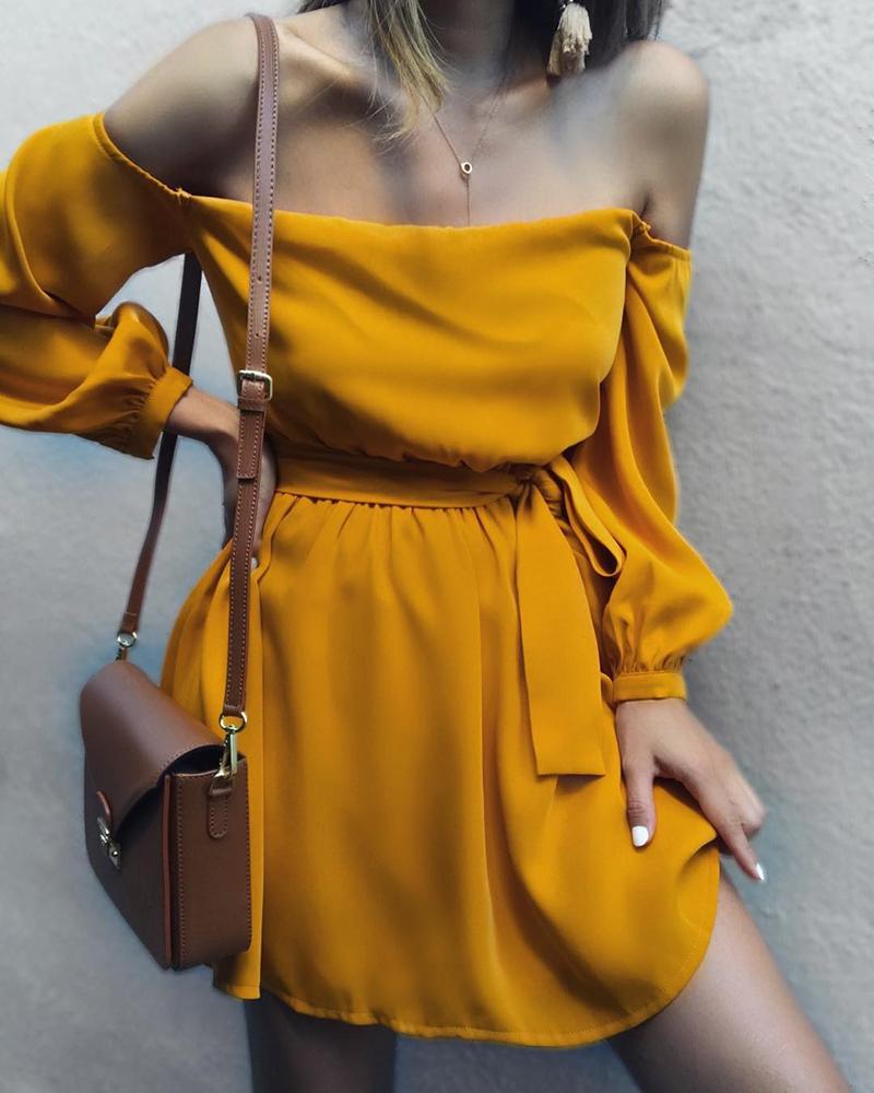 

Off Shoulder Lantern Sleeve Casual Dress, Yellow