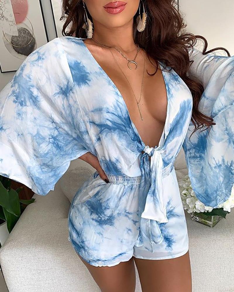 

Tie Dye Print Tie Front Plunge Romper, White