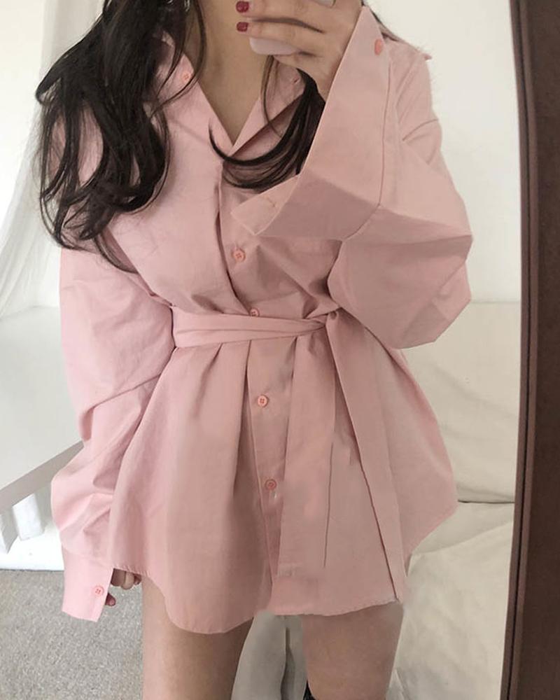

Solid Button Design Long Sleeve Shirt Dress, Pink