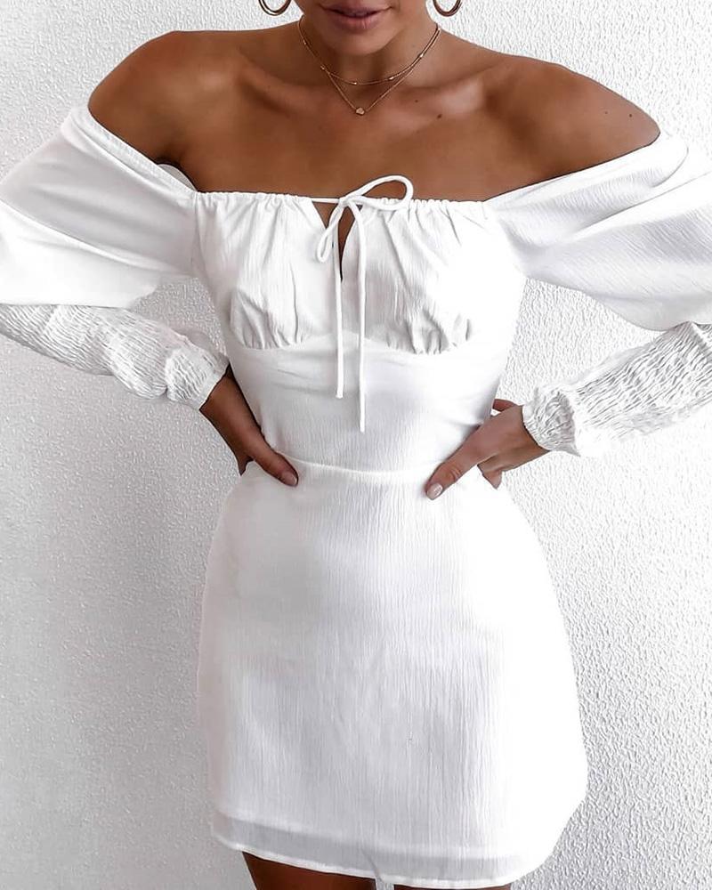 

Off Shoulder Shirring Cuff Ruched Slinky Dress, White