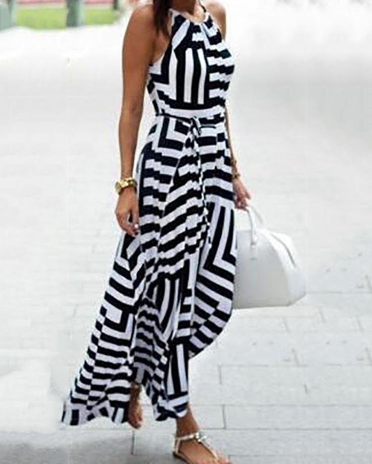 

Stylish Halter Printed Contrast Color Casual Maxi Dress, Black