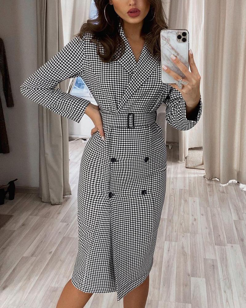 

Houndstooth Long Sleeve Fitting Double-breasted Dress With Belt, Black